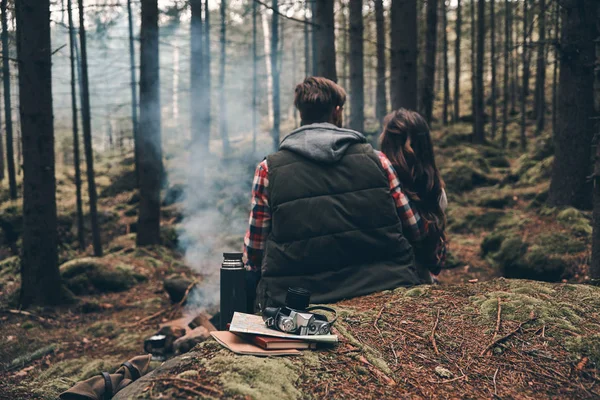 キャンプファイヤーの近くの森に座って愛するカップルの背面図 — ストック写真