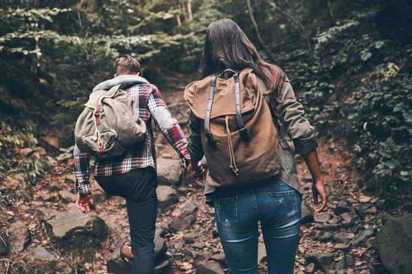 Paar Houdend Handen Omhoog Bewegen Terwijl Samen Wandelen Het Bos — Stockfoto