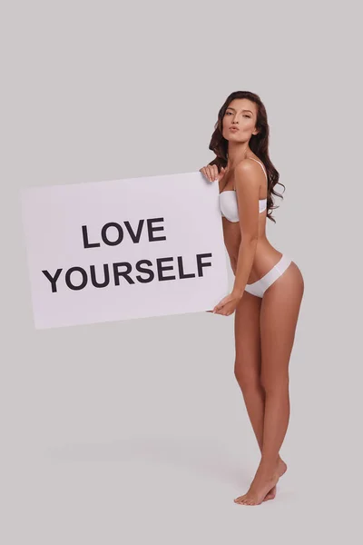 Full Length Attractive Young Woman White Lingerie Holding Banner Text — Stock Photo, Image