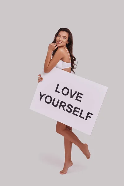 Full Length Beautiful Young Woman White Bra Holding Banner Text — Stock Photo, Image