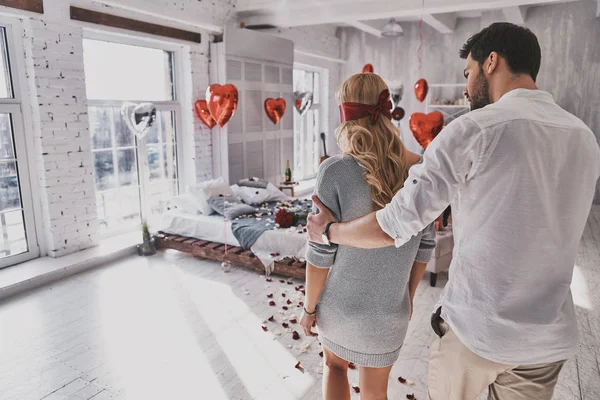 Rear View Young Woman Walking Blindfold Bedroom Her Boyfriend Valentines — Stock Photo, Image