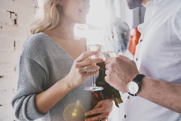 Close Young Couple Champagne Glasses Home — Stock Photo, Image