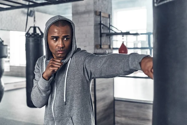 African Man Sport Clothing Punching Boxing Bag Gym — Stock Photo, Image
