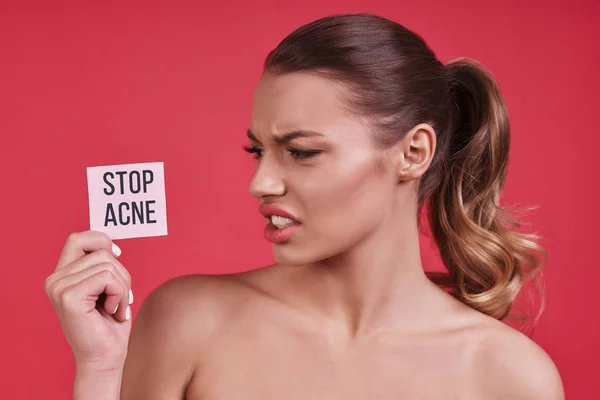 Angry Woman Holding Small Poster Text Stop Acne — Stock Photo, Image