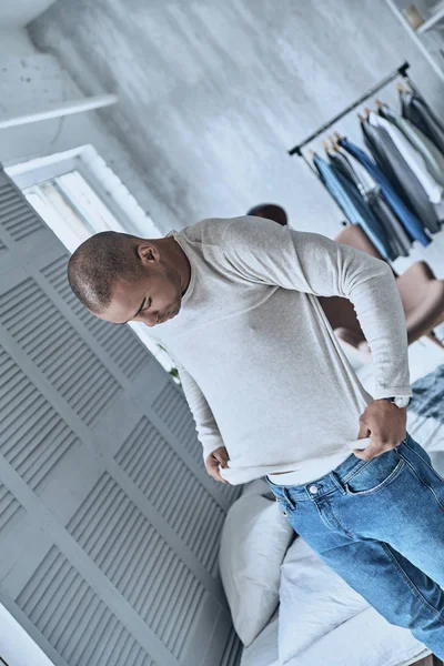 Handsome Man Getting Dressed Putting Casual Long Sleeve While Standing — Stock Photo, Image