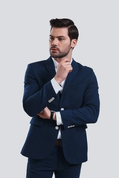 Handsome Young Man Suit Looking Away While Standing Grey Background — Stock Photo, Image