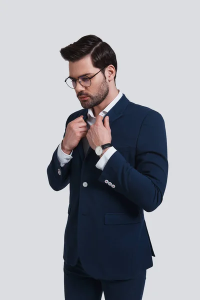 Handsome Young Man Suit Jacket Adjusting Collar — Stock Photo, Image
