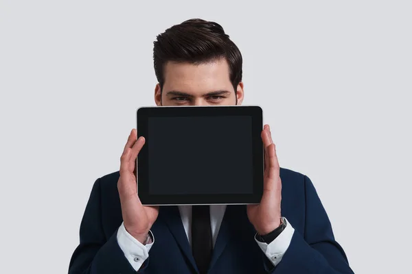 Man Suit Holding Digital Tablet Covering Face Studio — Stock Photo, Image