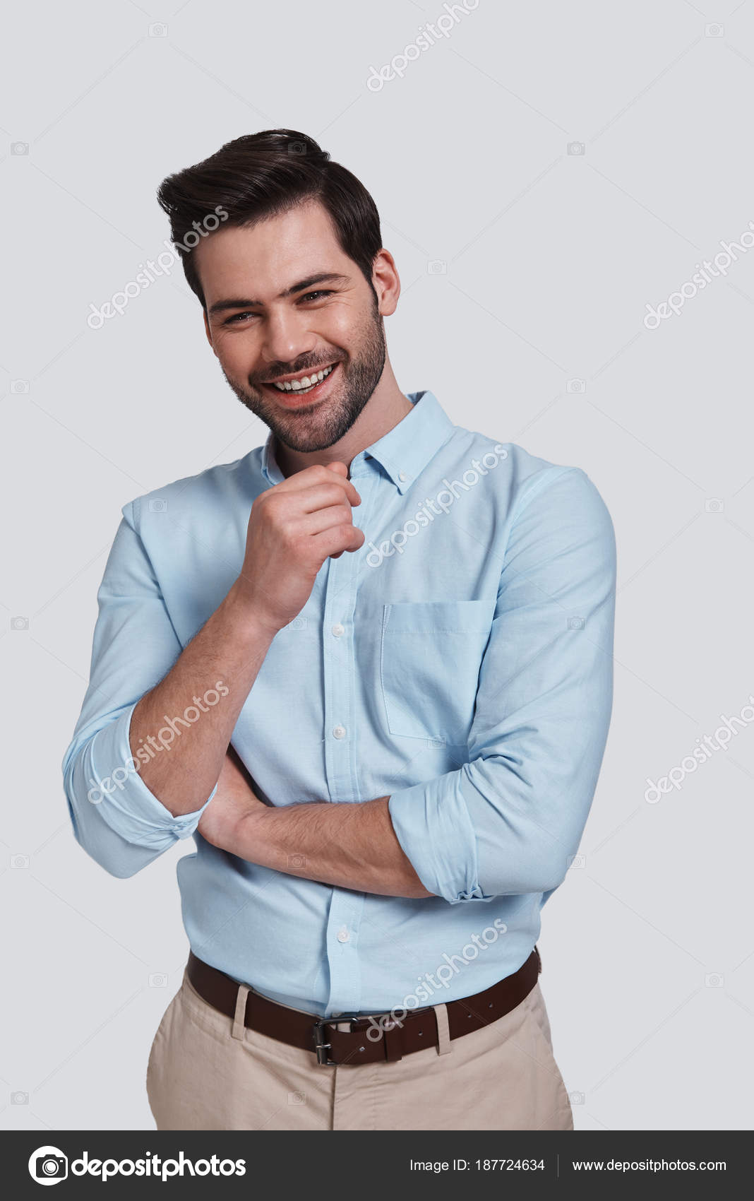 Portrait Charming Man Looking Camera Smiling While Standing Grey Background Stock Photo Image By C Gstockstudio Portrait Charming Man Looking Camera Smiling While Standing Grey Background Stock Photo Image By C Gstockstudio