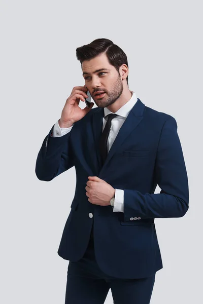 Good Looking Young Businessman Full Suit Talking His Smart Phone — Stock Photo, Image