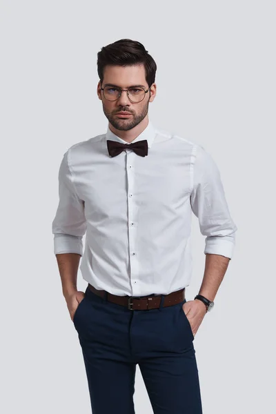 Young Businessman Bow Tie Keeping Hands Pockets Posing Studio — Stock Photo, Image