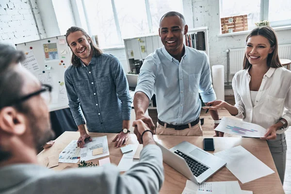 Business Men Shaking Hands Office Board Room Smiling Colleagues — Stock Photo, Image