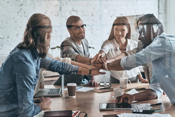 Victory Diverse Group Business Colleagues Holding Hands Top One Another — Stock Photo, Image