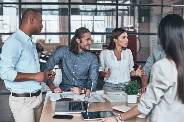 Happy Work Together Group Young Business People Communicating While Working — Stock Photo, Image