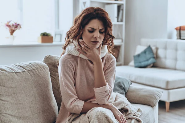 Sick Young Woman Covered Blanket Coughing While Sitting Sofa Home — Stock Photo, Image