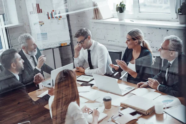 Top View Successful Business Team Analyzing Strategy While Working Modern — Stock Photo, Image