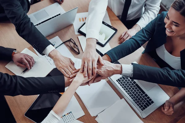 Top View Cheerful Business Team Keeping Hands Together Symbol Unity — Stock Photo, Image