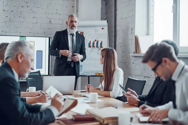 Mature Businessman Conducting Presentation While Working Together Colleagues Board Room — Stock Photo, Image