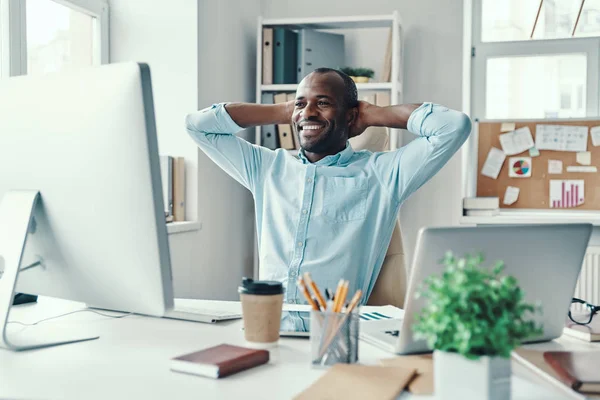 Handsome Young African Man Shirt Keeping Hands Head Smiling While — Stock Photo, Image