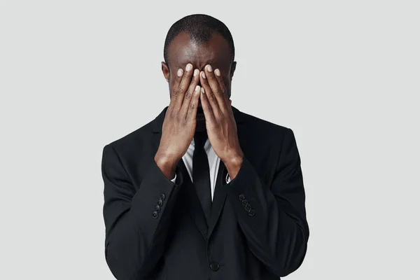 Frustrated Young African Man Formal Wear Covering Face Hands While — Stock Photo, Image