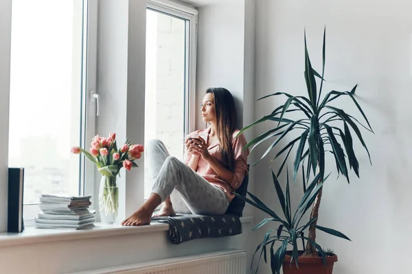Thoughtful Young Woman Cozy Pajamas Looking Window While Resting Home — Stock Photo, Image