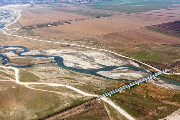 Aerial View Bridge Crossing Blue River Countryside — Stock Photo, Image