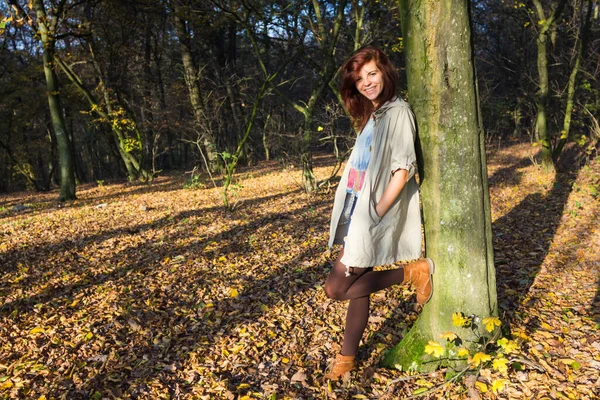 若い美しい笑顔の女性は森の中の木にもたれて — ストック写真