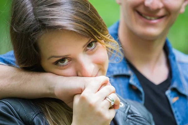 Closeup Beautiful Woman Looking Camera While Holding Boyfriend Hand Focus — Stock Photo, Image