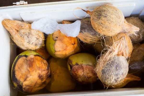 Ijs koud kokosnoten op de boerenmarkt in Hawaï — Stockfoto