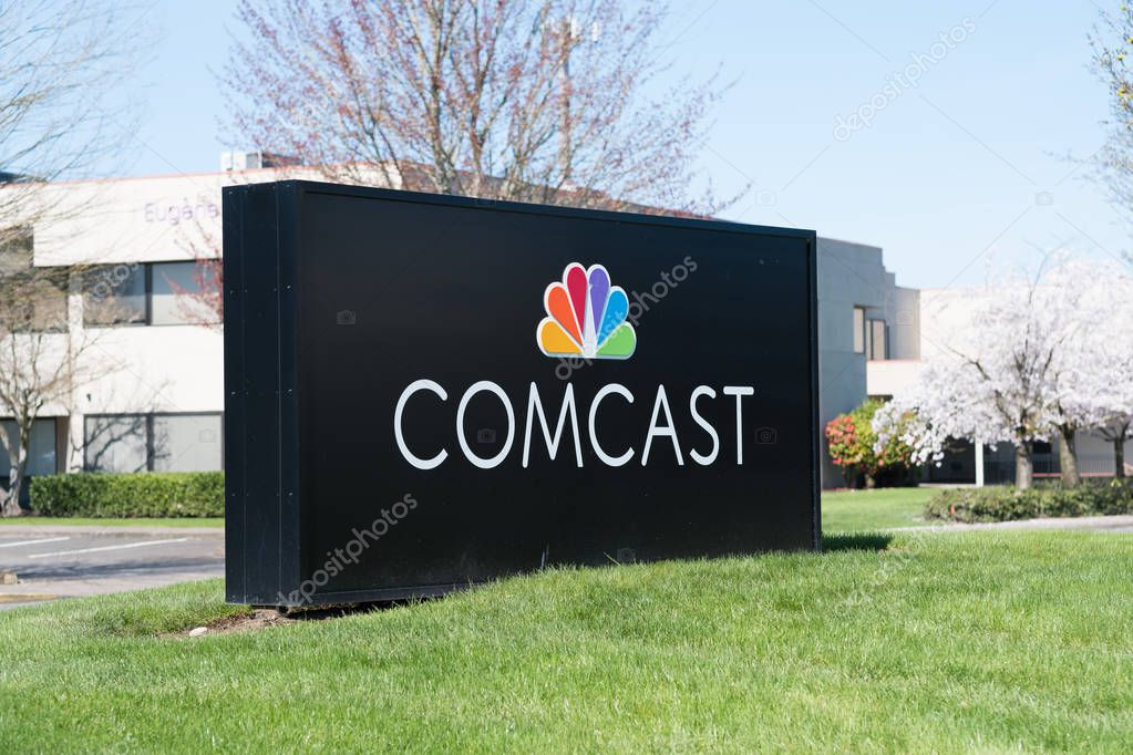 EUGENE, OR - MARCH 31, 2017: Branch sign for Comcast Cable, also known as Xfinity, in Eugene Oregon.