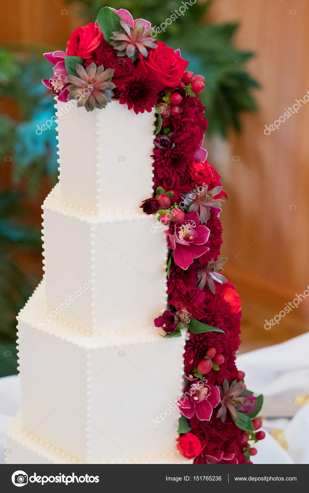 Tower Wedding Cake With Red Flowers Stock Photo Joshuarainey