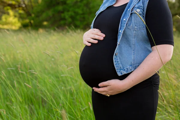 Mujer embarazada en un campo para las fotos de maternidad — Foto de Stock