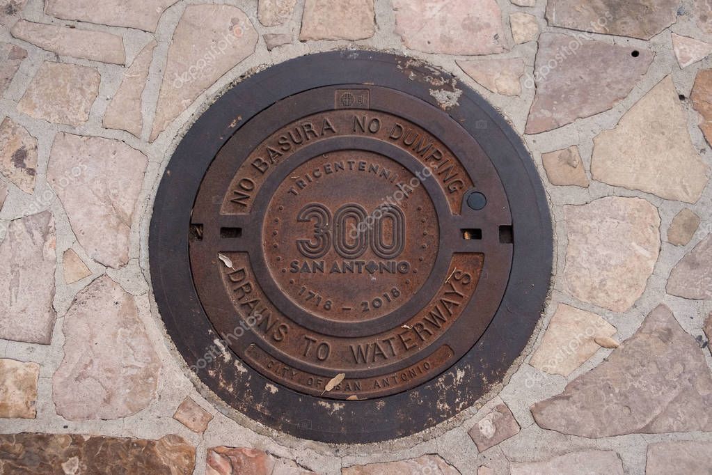 San Antonio, Texas - April 18, 2018: San Antonio tricentennial year with the 300 logo on manhole covers.
