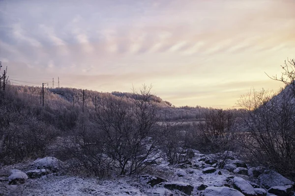 Karla kaplı tepeleri ve gün batımında orman