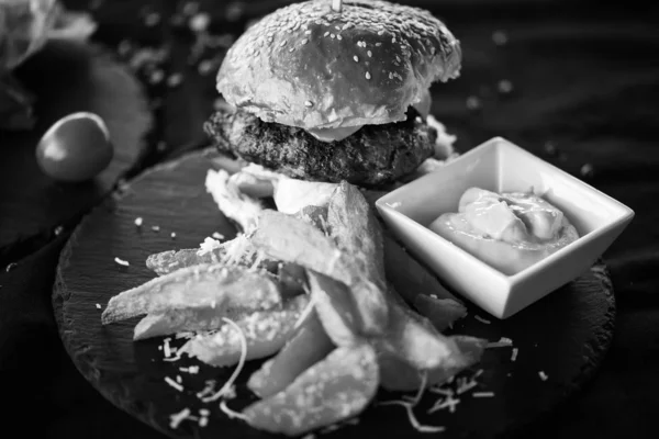 home made beef burger with french fries & spicy mayonnaise