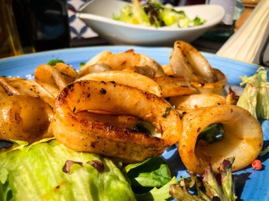 Kızarmış kalamar ve taze marul karışımı.