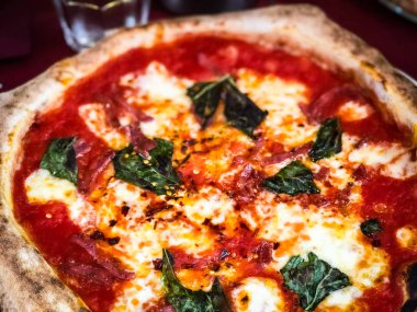 Lezzetli İtalyan bufalo pizzası ve taze fesleğen