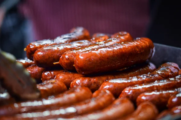 Especialidades Checas Sabrosas Salchichas Mercado Navideño — Foto de Stock