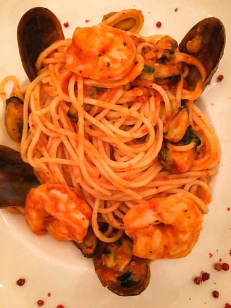 Свежие Морепродукты Спагетти Овощами Специями — стоковое фото