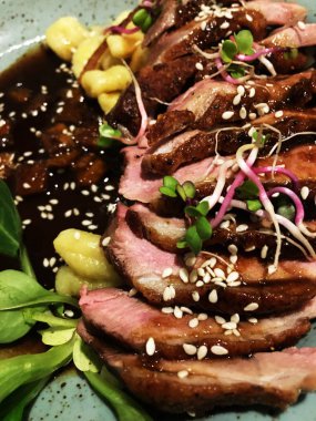 Lezzetli ızgara ördek göğsü ve taze sebze ve sos.