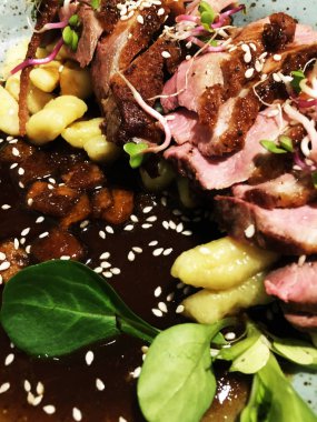 Lezzetli ızgara ördek göğsü ve taze sebze ve sos.