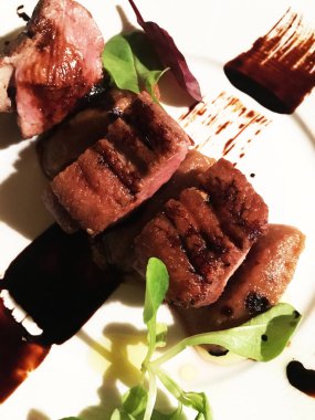 Lezzetli ızgara ördek göğsü ve taze sebze ve sos.