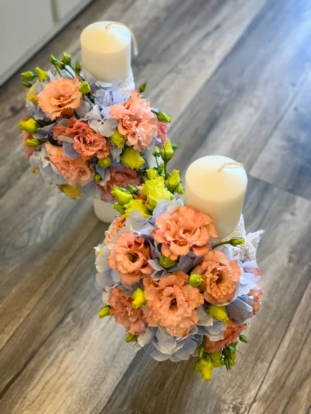 Beautiful Natural Wedding Flowers White Candles — Stock Photo, Image