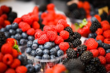 Taze böğürtlen yakın - çilek, yabanmersini, kırmızı böğürtlen, ahududu, kara dut 