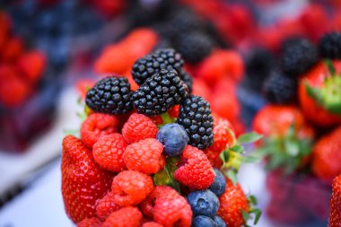 Taze böğürtlen yakın - çilek, yabanmersini, kırmızı böğürtlen, ahududu, kara dut 