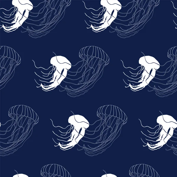 Outline Jellyfish Dark Blue Pattern Hand Drawn Vector Sea Pattern — Stock Vector