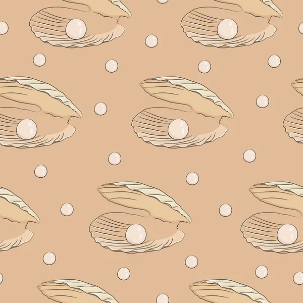 Θερινό Φόντο Seashell Και Μαργαριτάρι Αδιάλειπτη Μοτίβο Σχεδίαση Χεριών Κάτω — Διανυσματικό Αρχείο