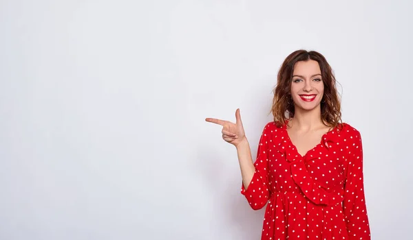 Beautiful Sexy Young Brown Haired Woman Red Lips Wearing Red — Stock Photo, Image