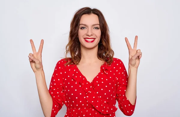 Smiling Playful Cheerful Young White Woman Brown Hair Blue Eyes — Stock Photo, Image