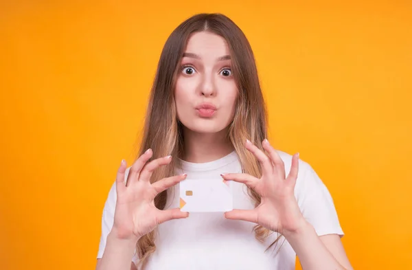 Young Cute Funny Caucasian Girl Holding Credit Card Hands Isolated — Stock Photo, Image